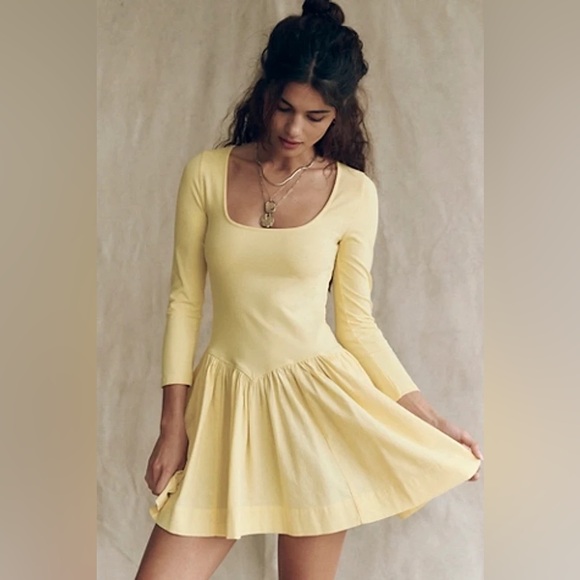 Free People Dresses & Skirts - NWT FREE PEOPLE ONDA DROP WAIST LONG SLEEVE MINI DRESS IN BANANA CREAM- SMALL